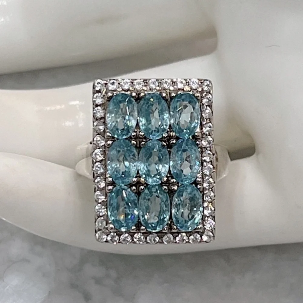 Cambodian Blue Zircon White Zircon Sterling Silver Rectangular Cluster R… - Picture 1 of 14